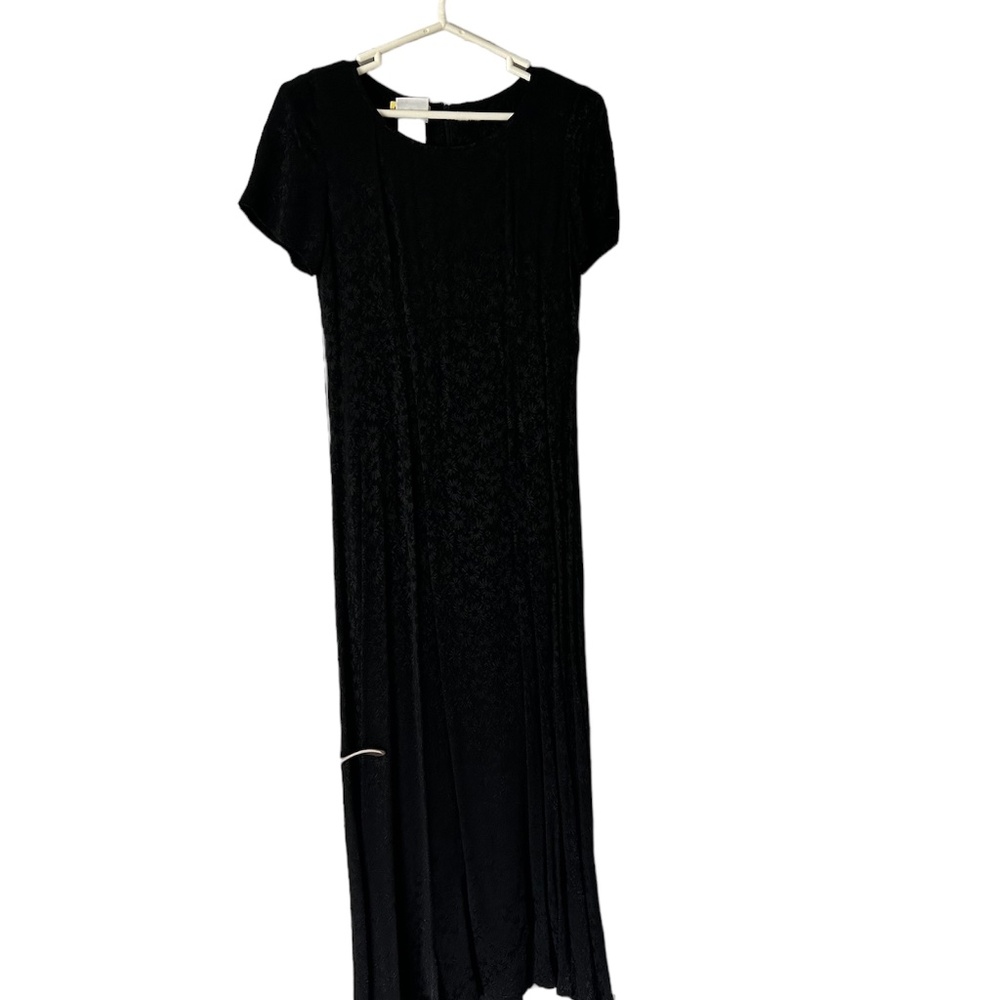 Vintage Laura Ashley Black Floral Jacquard Short Sleeve Maxi Dress Sz 6